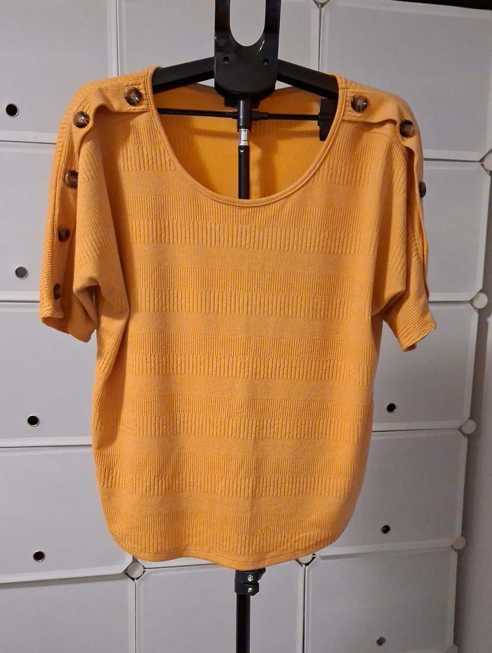 Luxology Button-Shoulder Short Sleeve Knit Top - Mustard